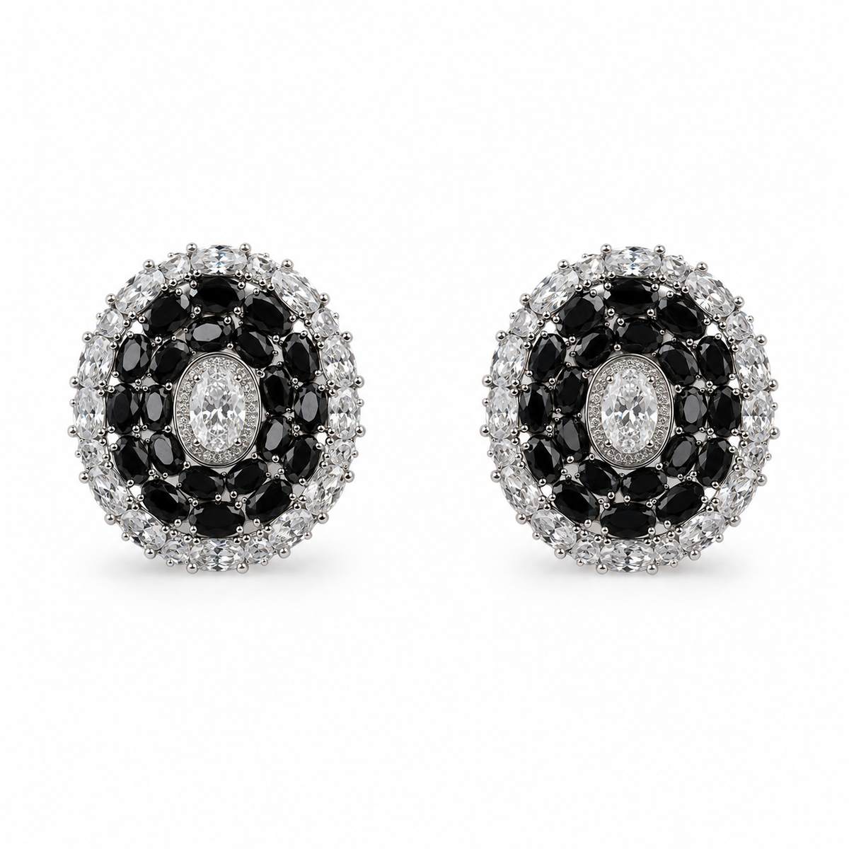 Black and Crystal Oval Halo Stud Earrings
