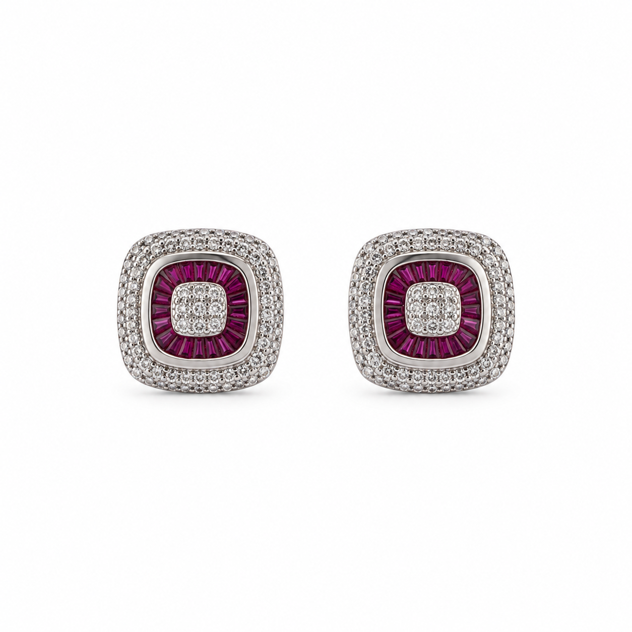 Magenta Baguette Square Stud Earrings