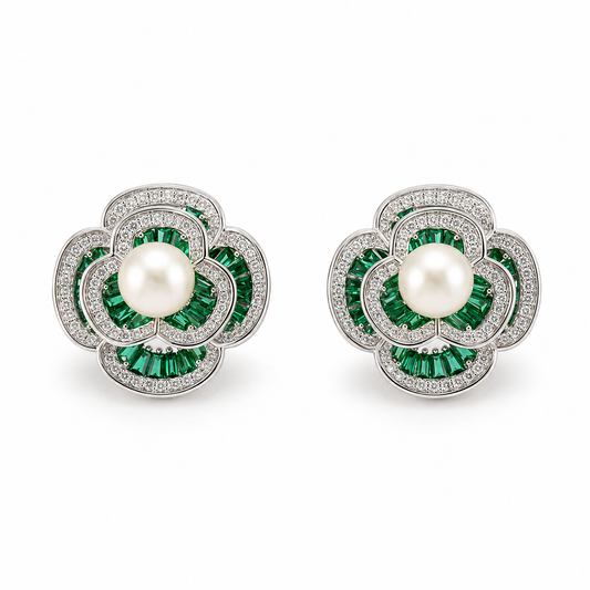Pearl Emerald Floral Stud Earrings
