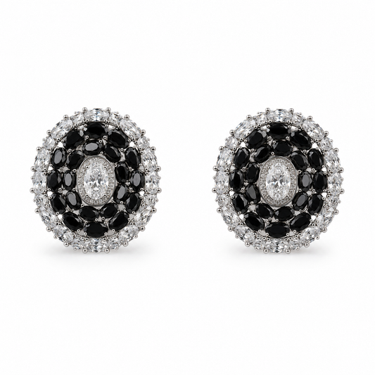 Black and Crystal Oval Halo Stud Earrings