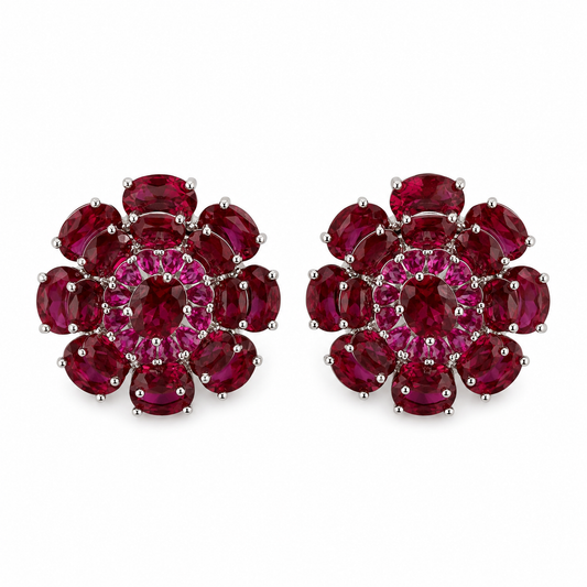 Ruby Red Floral Cluster Stud Earrings