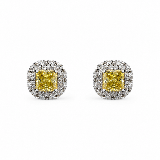Yellow Princess-Cut Halo Stud Earrings