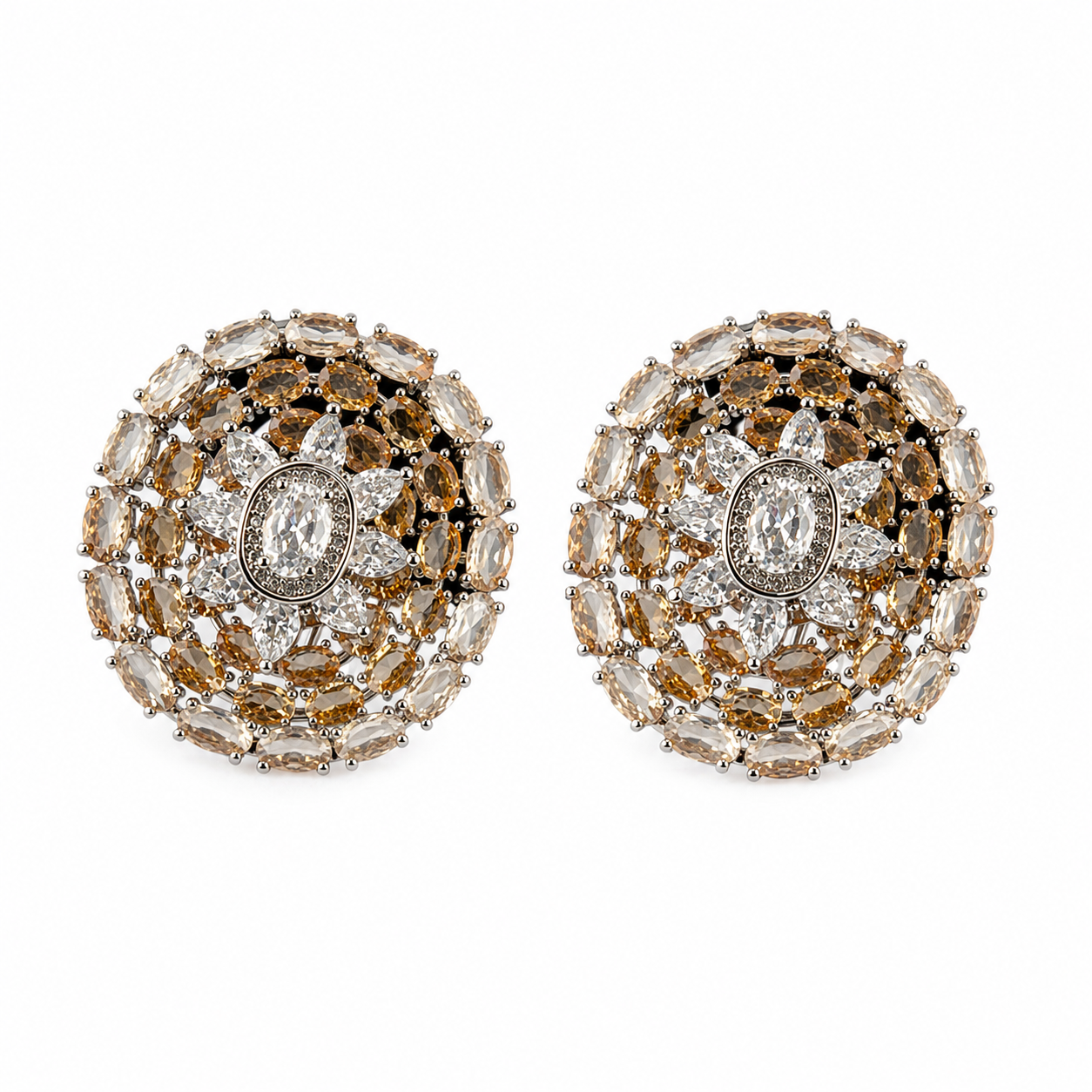 Champagne Crystal Floral Halo Stud Earrings