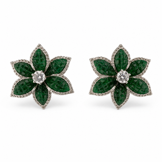 Carved Emerald Flower Stud Earrings