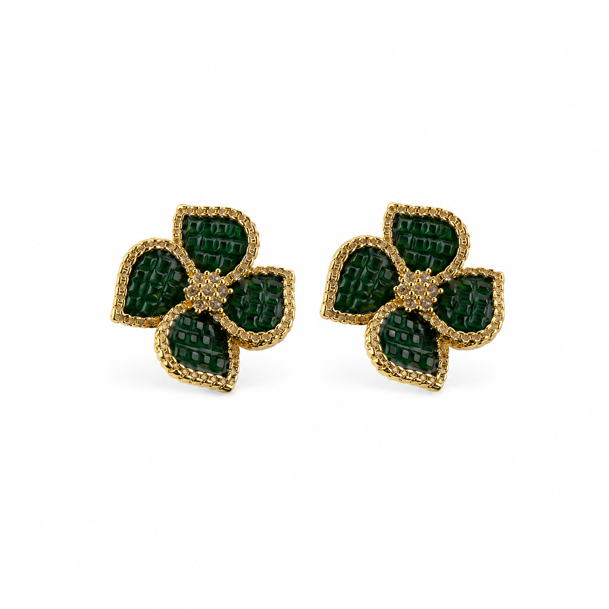 Gold Emerald Clover Stud Earrings