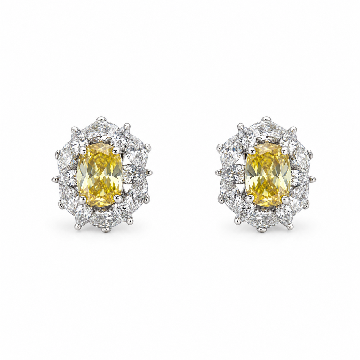 Yellow Cushion Halo Stud Earrings
