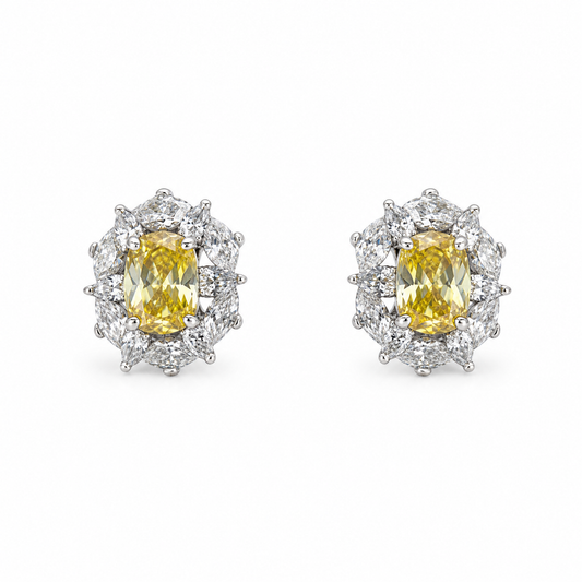 Yellow Cushion Halo Stud Earrings