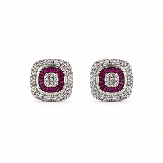 Magenta Baguette Square Stud Earrings