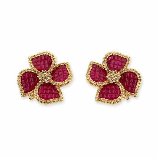 Gold Ruby Four-Petal Stud Earrings