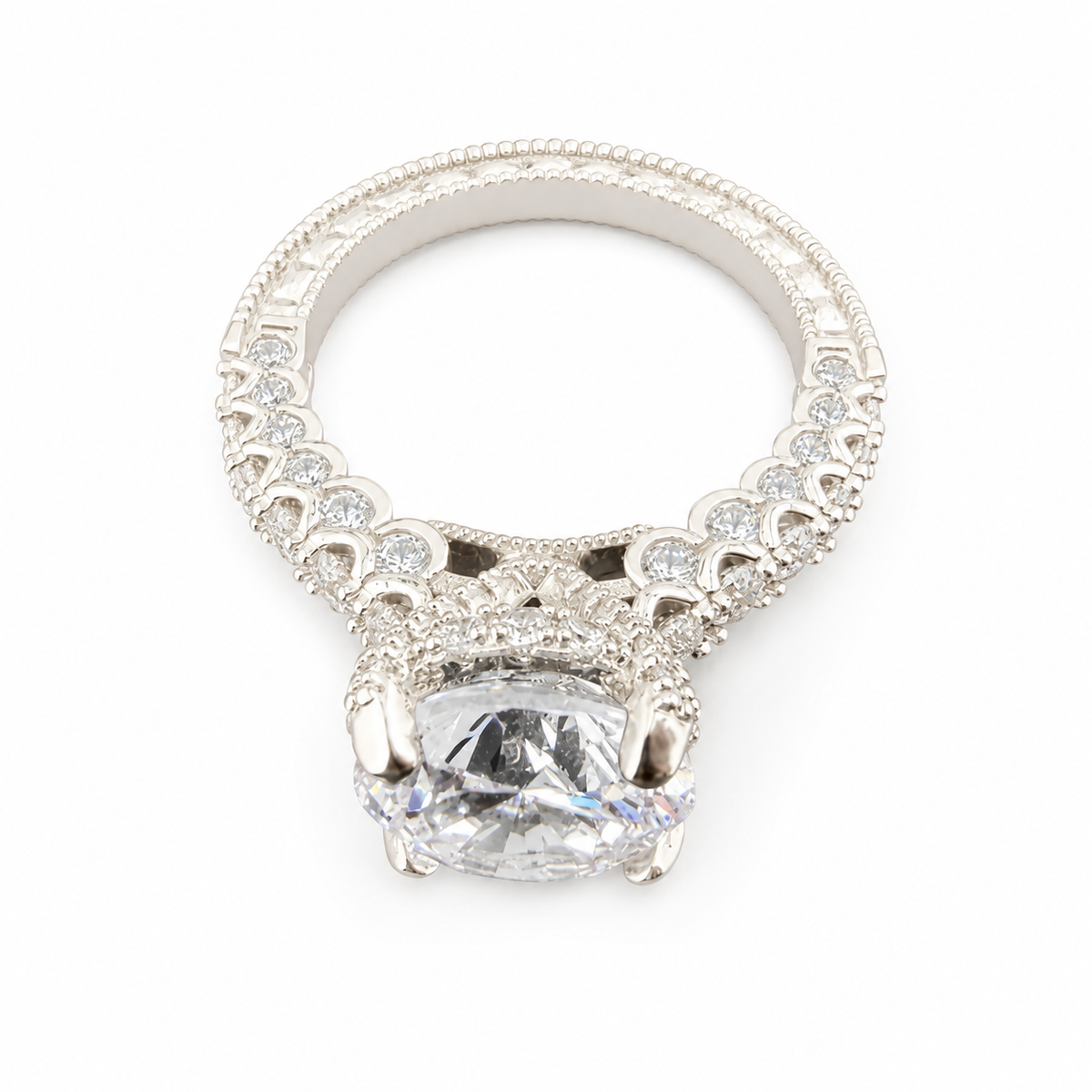 Vintage Pave Cushion-Cut Solitaire Ring