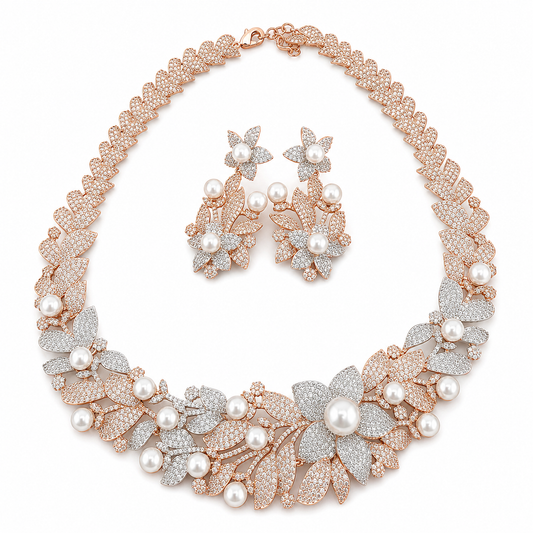 Rose Gold Pearl Floral Necklace Set