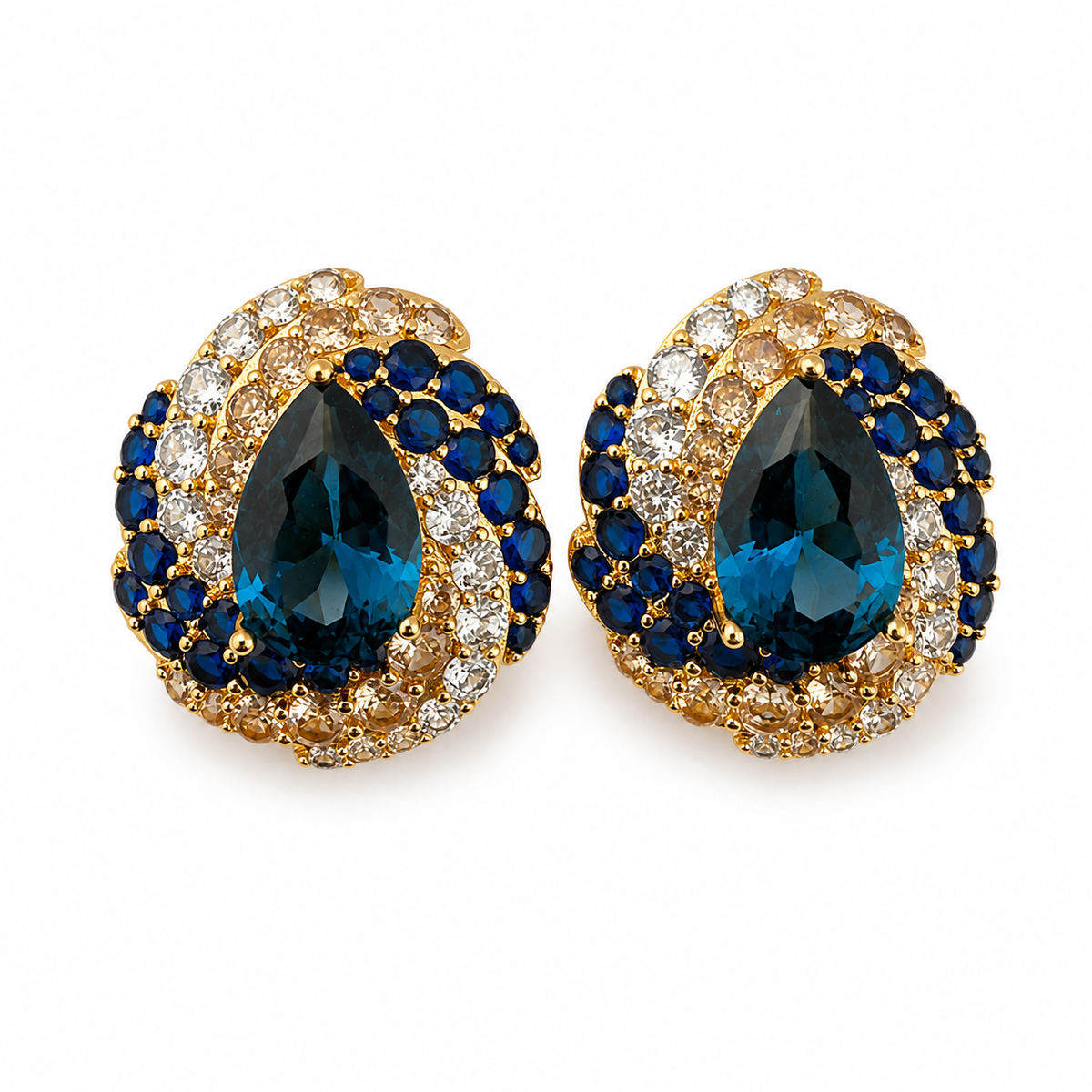 Blue Gold Teardrop Statement Stud Earrings