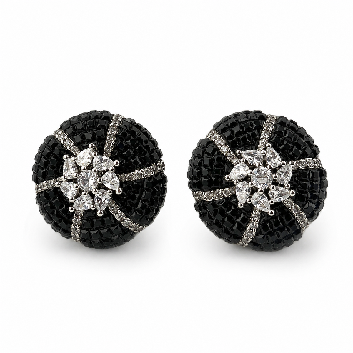 Black Crystal Floral Stud Earrings