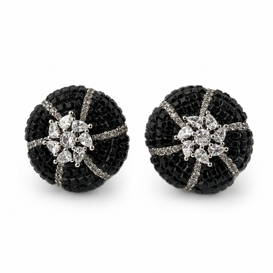 Black Crystal Floral Stud Earrings