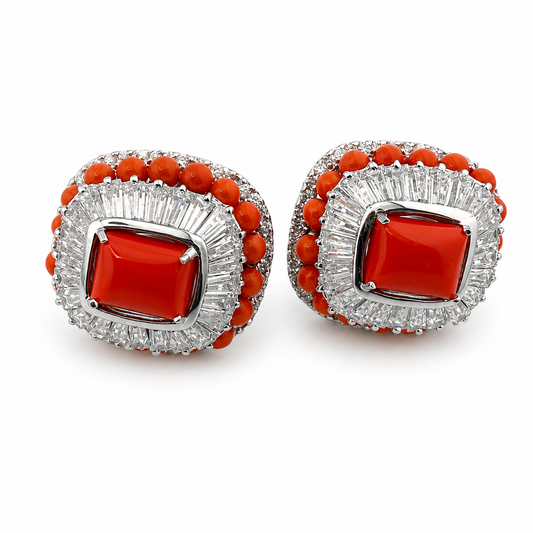 Orange Cabochon Halo Stud Earrings