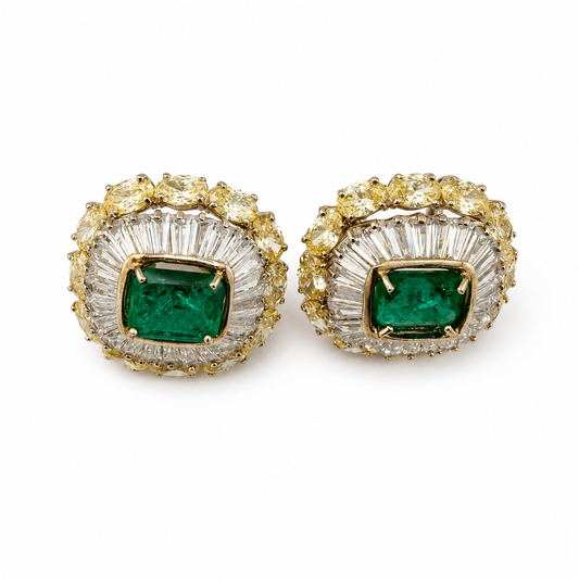 Emerald Rectangular Halo Stud Earrings