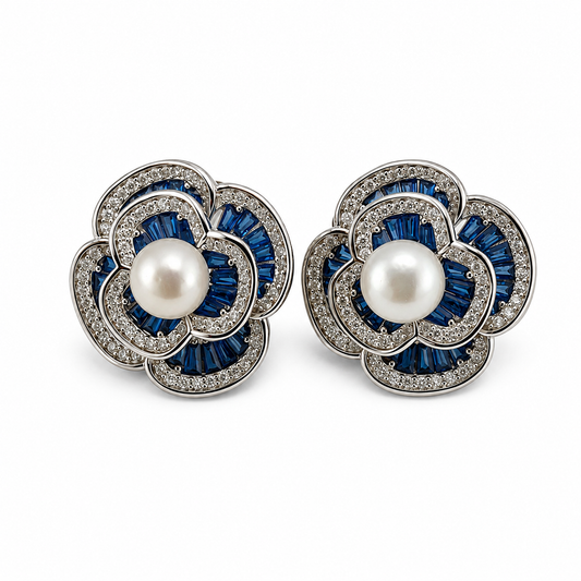 Sapphire Pearl Floral Stud Earrings