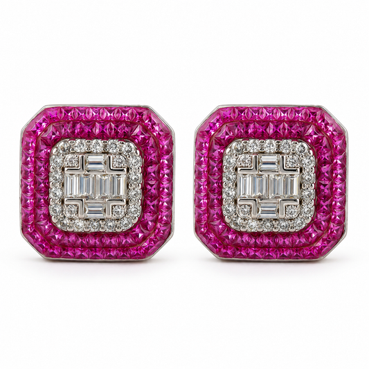 Hot Pink Square Crystal Stud Earrings
