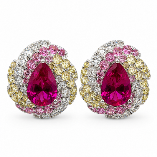 Pink Yellow Teardrop Statement Stud Earrings