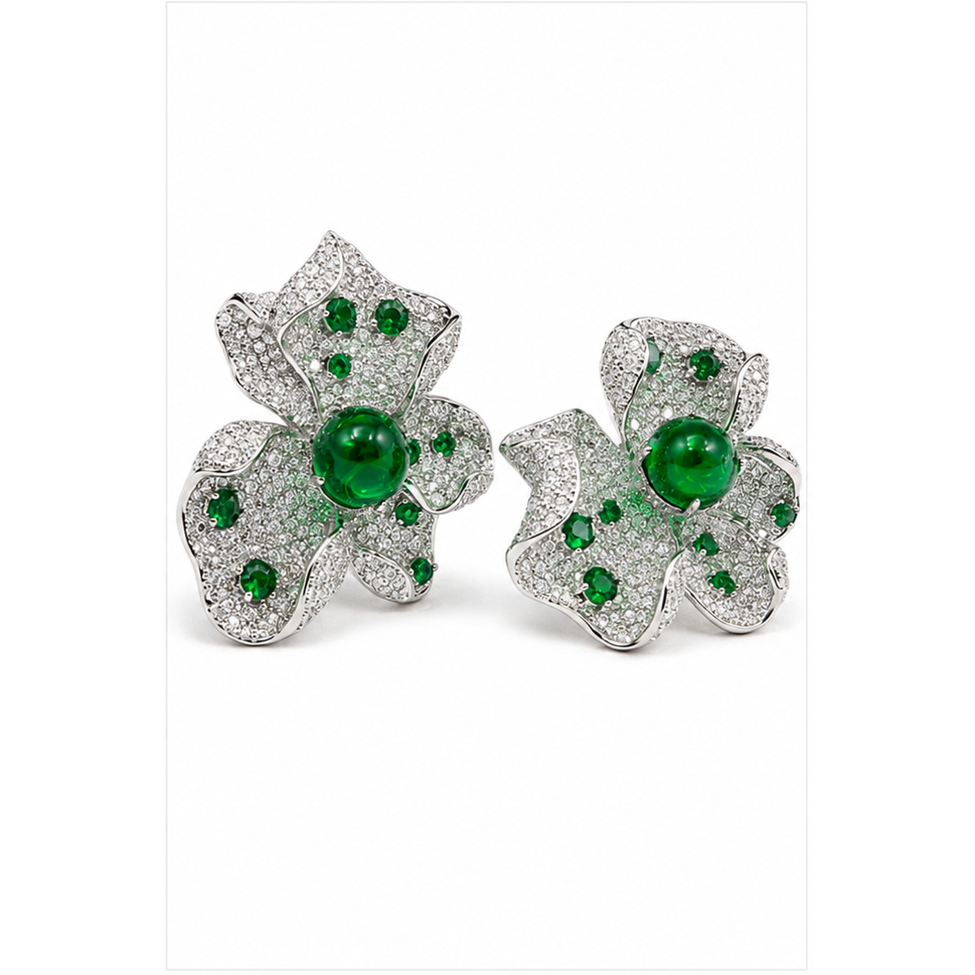 Emerald Cabochon Pave Bloom Statement Earrings